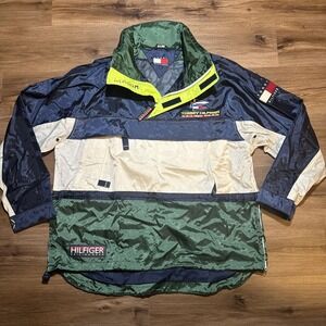 Vintage 90s TOMMY HILFIGER LARGE Sailing Colorblock Pullover‎ Jacket Nylon Green